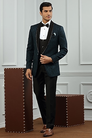 Teal Hand Embroidered Tuxedo Set by AVEGA