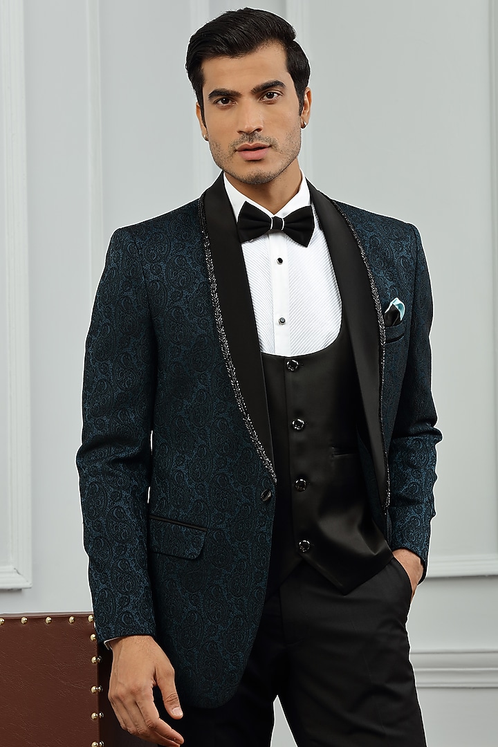 Teal Hand Embroidered Tuxedo Set by AVEGA at Pernia's Pop Up Shop