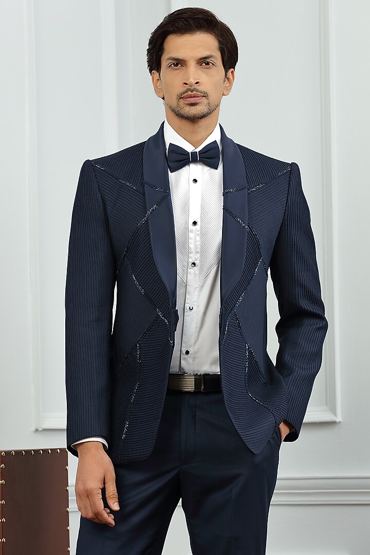 Blue Hand Embroidered Tuxedo Set by AVEGA at Pernia's Pop Up Shop