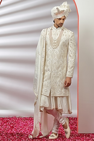 Off-White Hand Embroidered Sherwani Set by AVEGA