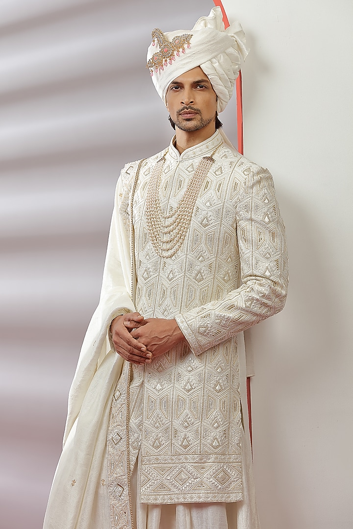 Off-White Hand Embroidered Groom Sherwani Set by AVEGA at Pernia's Pop Up Shop