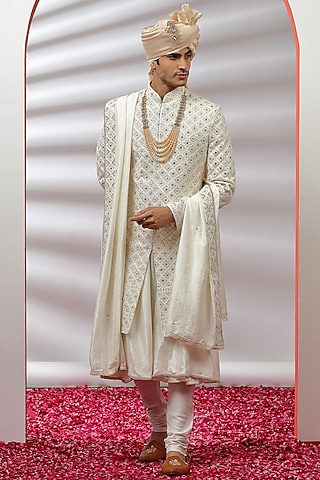 Off-White Hand Embroidered Sherwani Set by AVEGA
