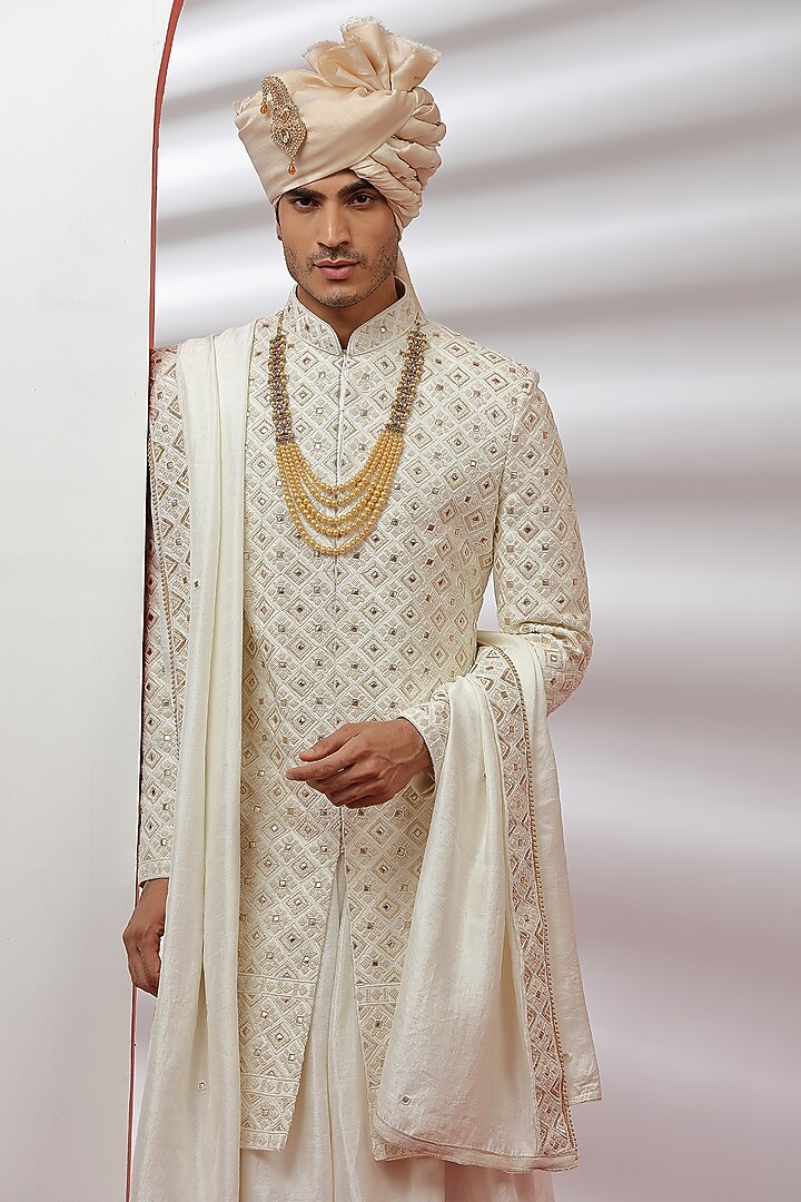 Off-White Hand Embroidered Groom Sherwani Set by AVEGA at Pernia's Pop Up Shop