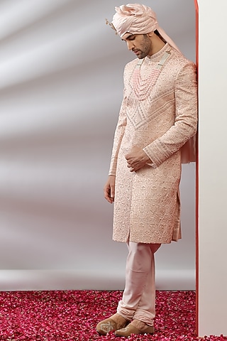 Peach Hand Embroidered Sherwani Set by AVEGA
