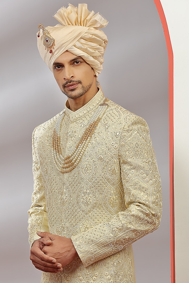 Golden Hand Embroidered Groom Sherwani Set by AVEGA at Pernia's Pop Up Shop
