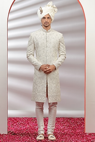 Beige Silk Hand Embroidered Sherwani Set by AVEGA