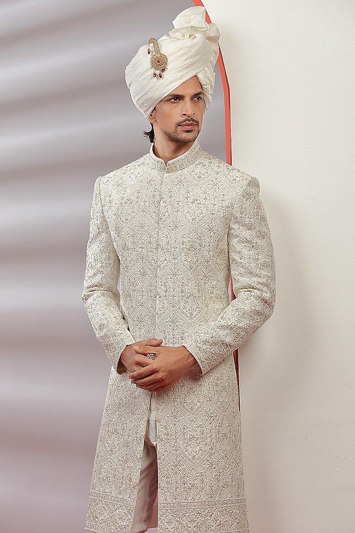 Beige Silk Hand Embroidered Groom Sherwani Set by AVEGA at Pernia's Pop Up Shop
