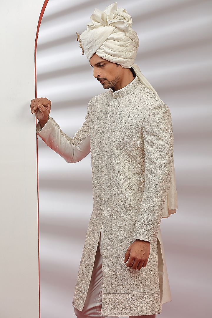 Beige Silk Hand Embroidered Groom Sherwani Set by AVEGA at Pernia's Pop Up Shop