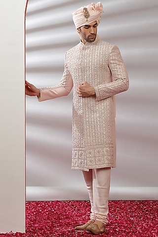 Peach Silk Hand Embroidered Sherwani Set by AVEGA