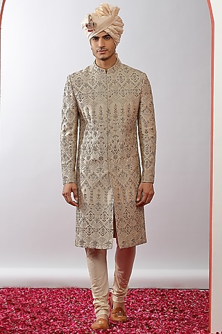 Golden Silk Hand Embroidered Sherwani Set by AVEGA