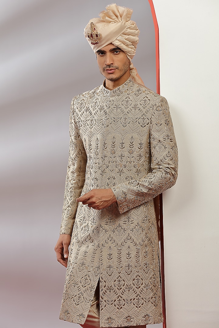 Golden Silk Hand Embroidered Groom Sherwani Set by AVEGA at Pernia's Pop Up Shop