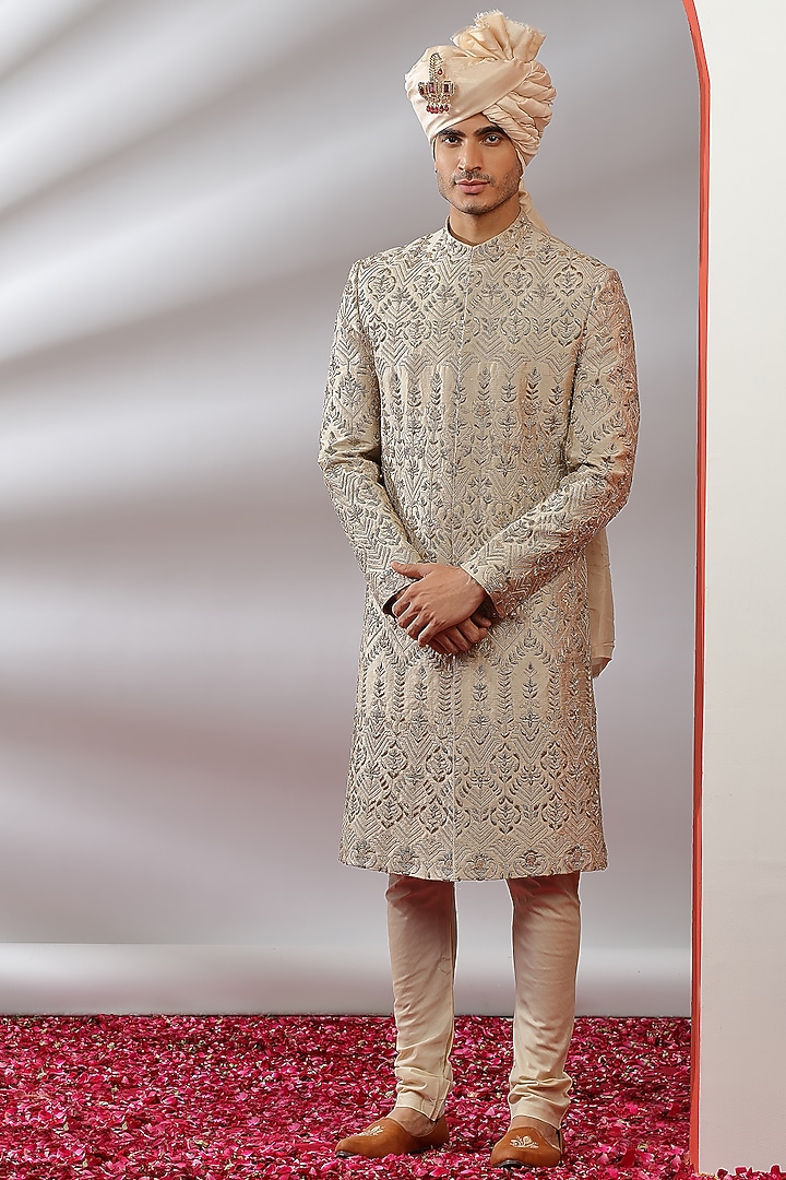 Golden Silk Hand Embroidered Groom Sherwani Set by AVEGA at Pernia's Pop Up Shop