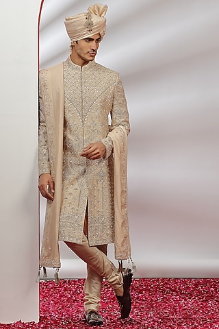 Golden Silk Hand Embroidered Sherwani Set by AVEGA