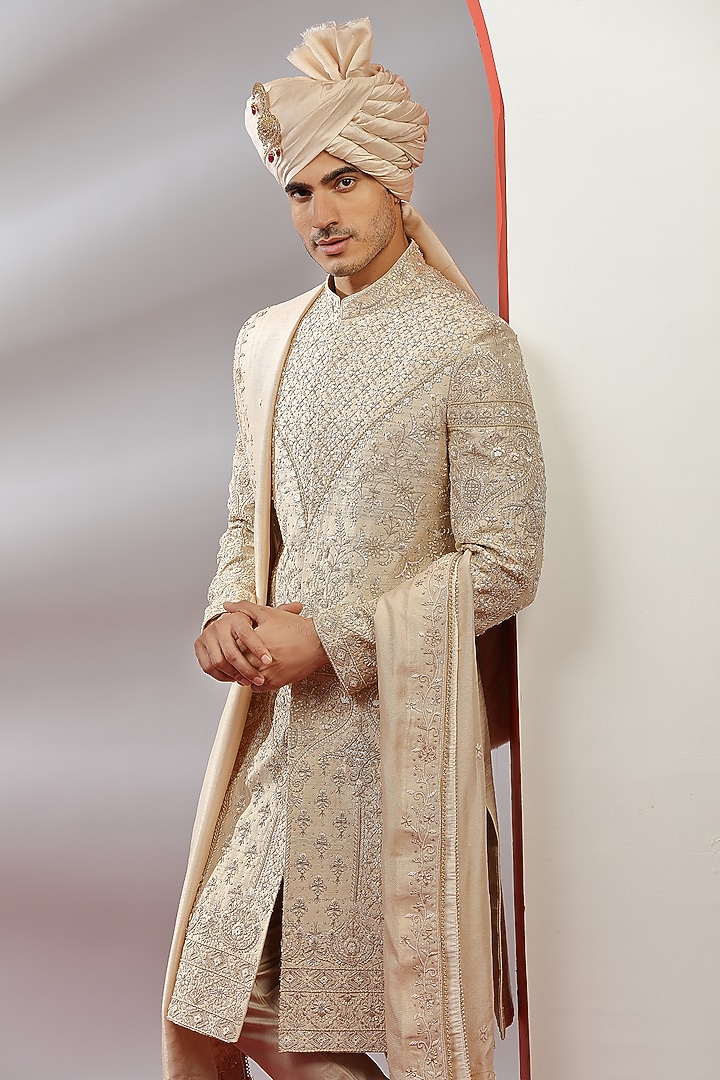 Golden Silk Hand Embroidered Groom Sherwani Set by AVEGA at Pernia's Pop Up Shop