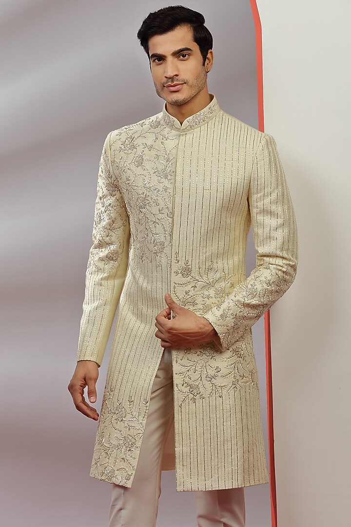 Gold Velvet Embroidered Wedding Sherwani Set by AVEGA at Pernia's Pop Up Shop