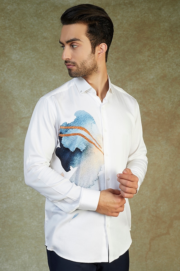 White Cotton Printed Shirt by AVEGA