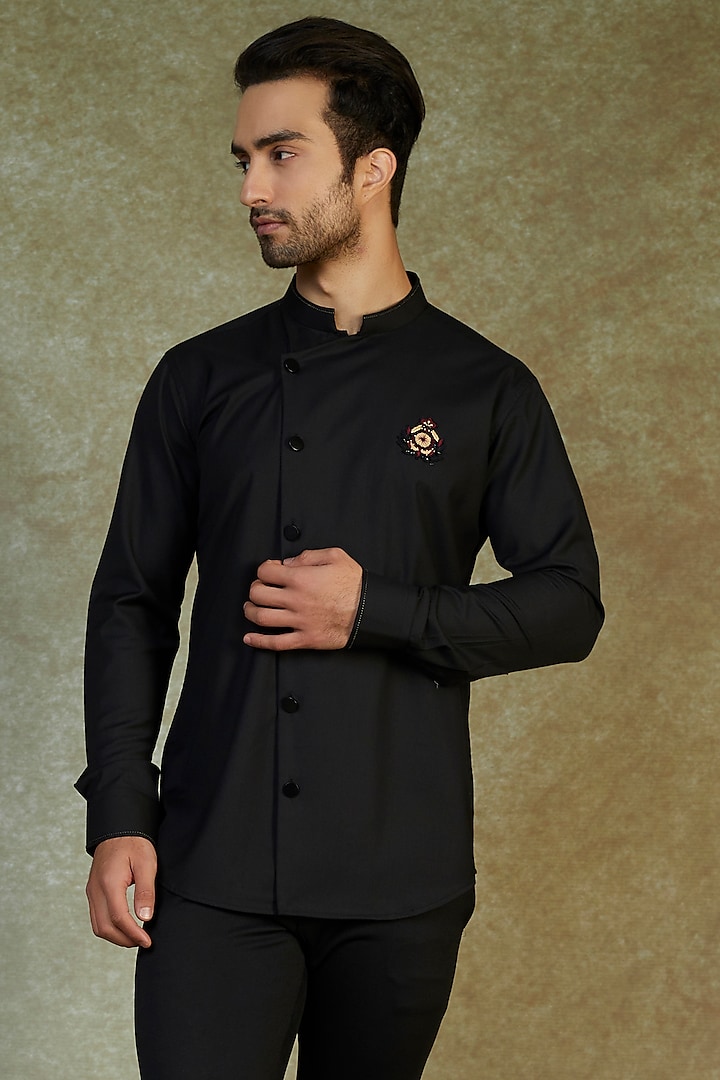 Black Terry Rayon Embroidered Shirt by AVEGA