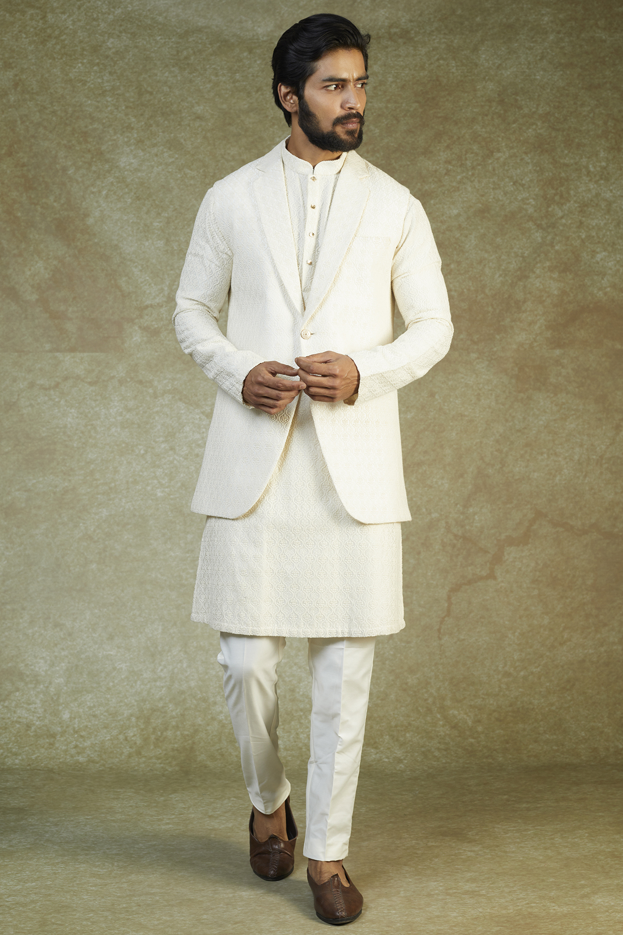 Ivory Blended Embroidered Blazer With Kurta Set by AVEGA