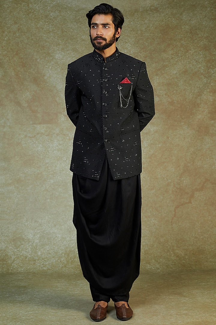 Black Textured Fabric Embroidered & Printed Jodhpuri Jacket Set by AVEGA
