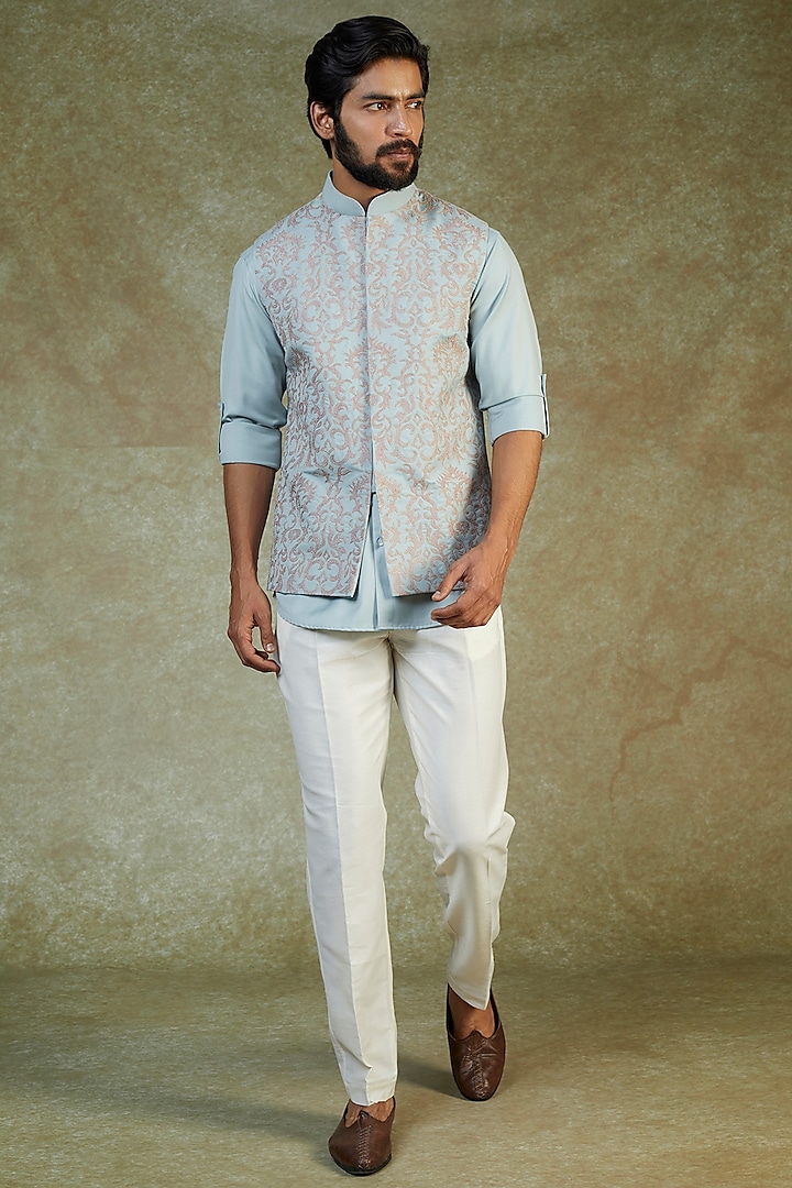 Ice Blue Terry Rayon Embroidered & Printed Bundi Jacket With Shirt by AVEGA