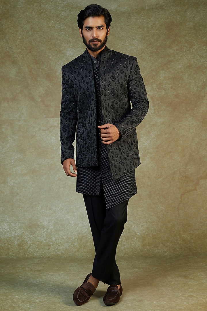 Black Jacquard Embroidered Indowestern Set by AVEGA