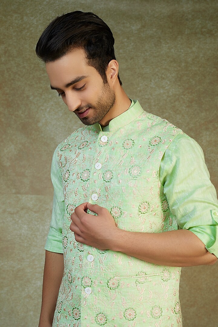 Avega - Pista Green Linen Embroidered Bundi Jacket with Shirt for Men at Pernia's Pop Up Shop