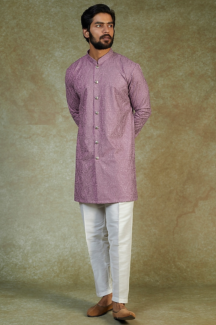 Purple Blended Embroidered & Printed Kurta Set by AVEGA