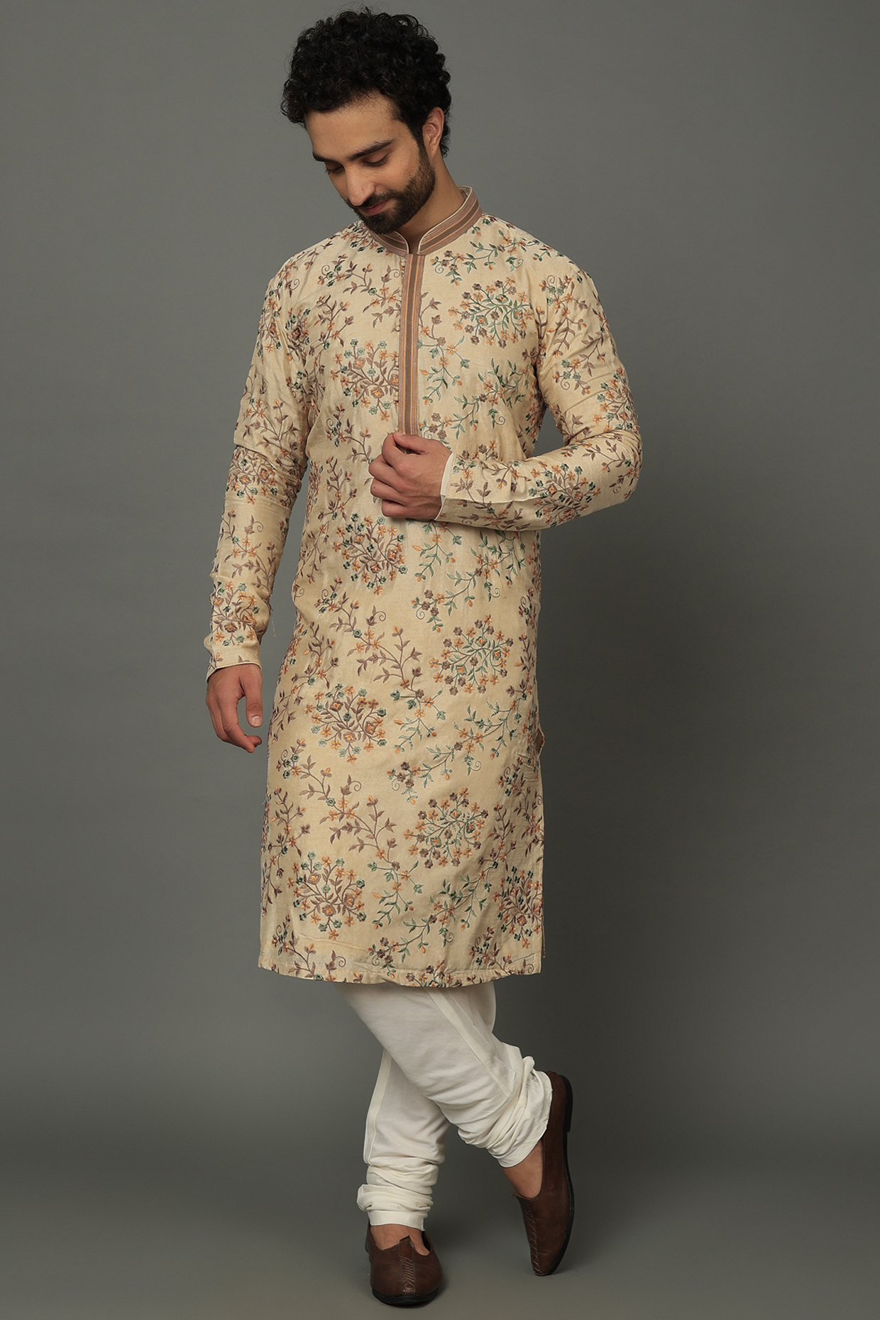 Fawn Brown Floral Embroidered Kurta Set by AVEGA
