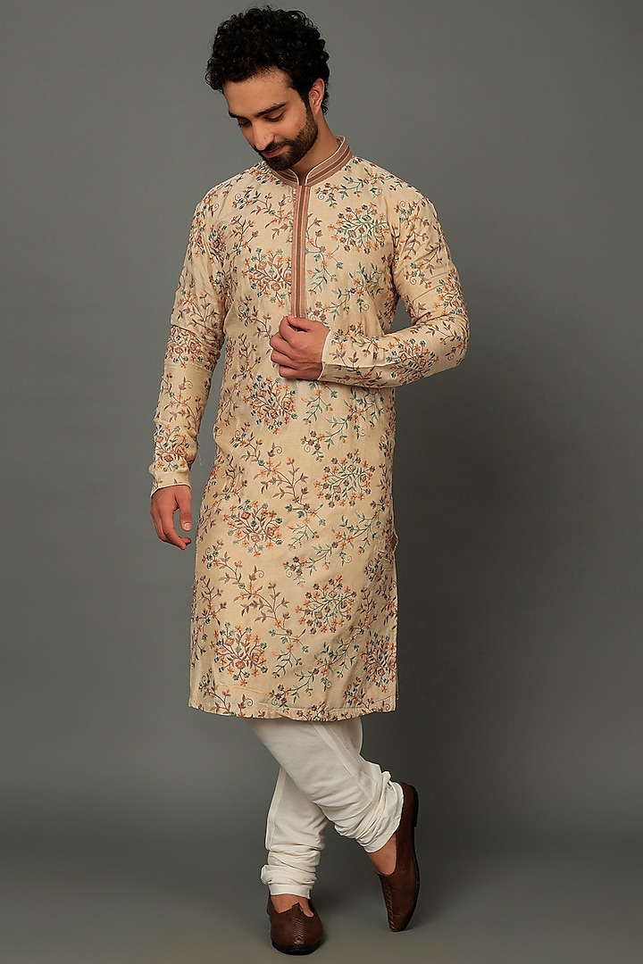 Fawn Brown Floral Embroidered Kurta Set by AVEGA