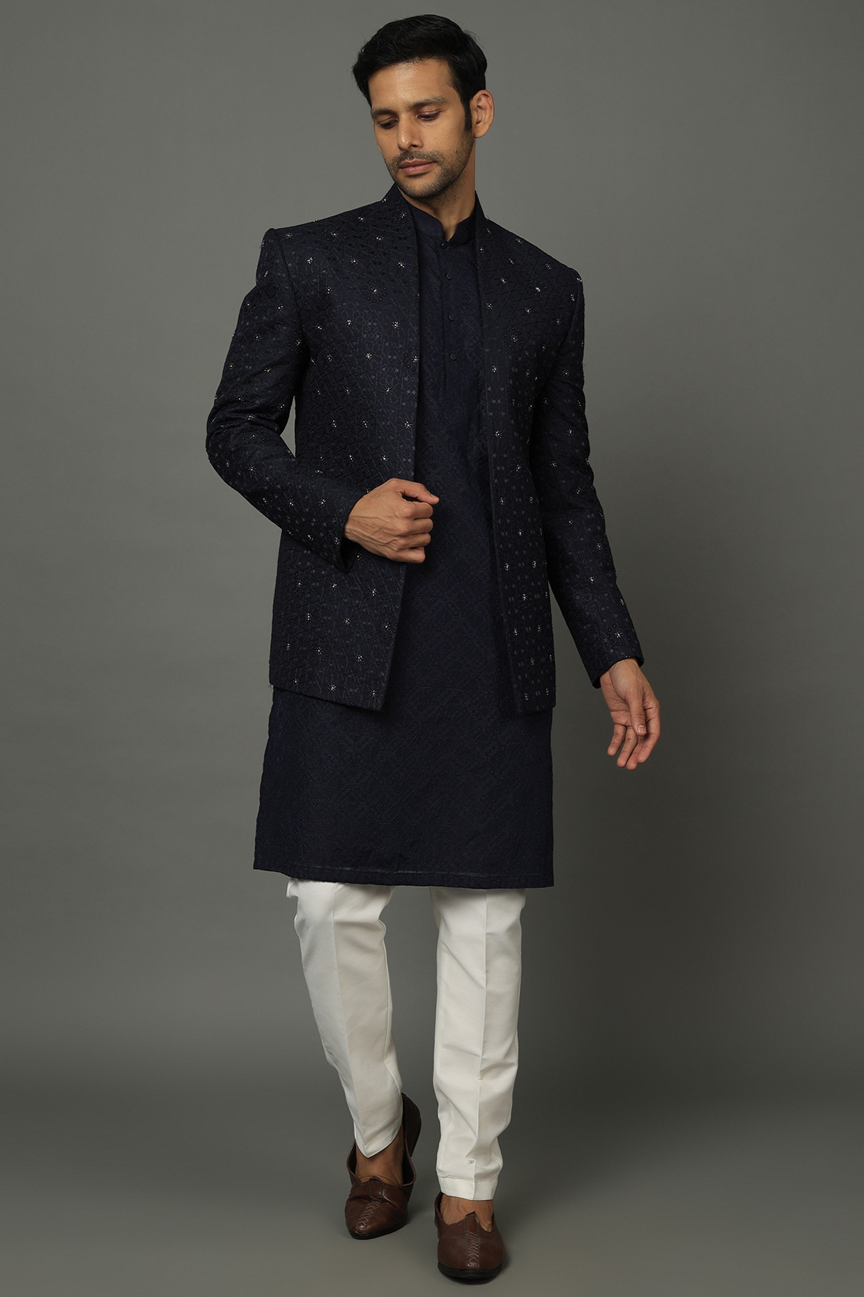 Navy Blue Embroidered Indowestern Set by AVEGA