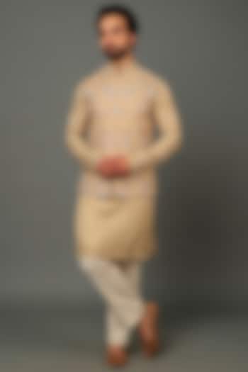 Fawn Colored Silk Bundi Jacket With Kurta Set by AVEGA