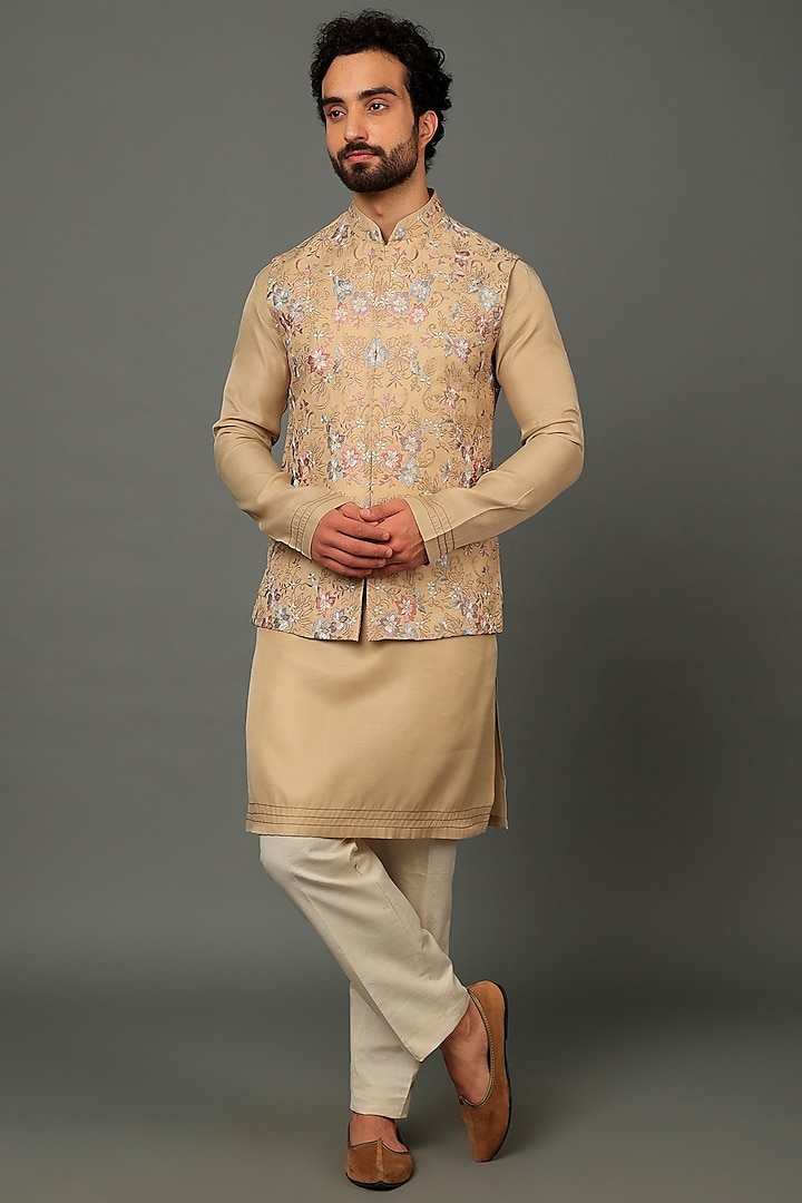 Fawn Colored Silk Bundi Jacket With Kurta Set by AVEGA