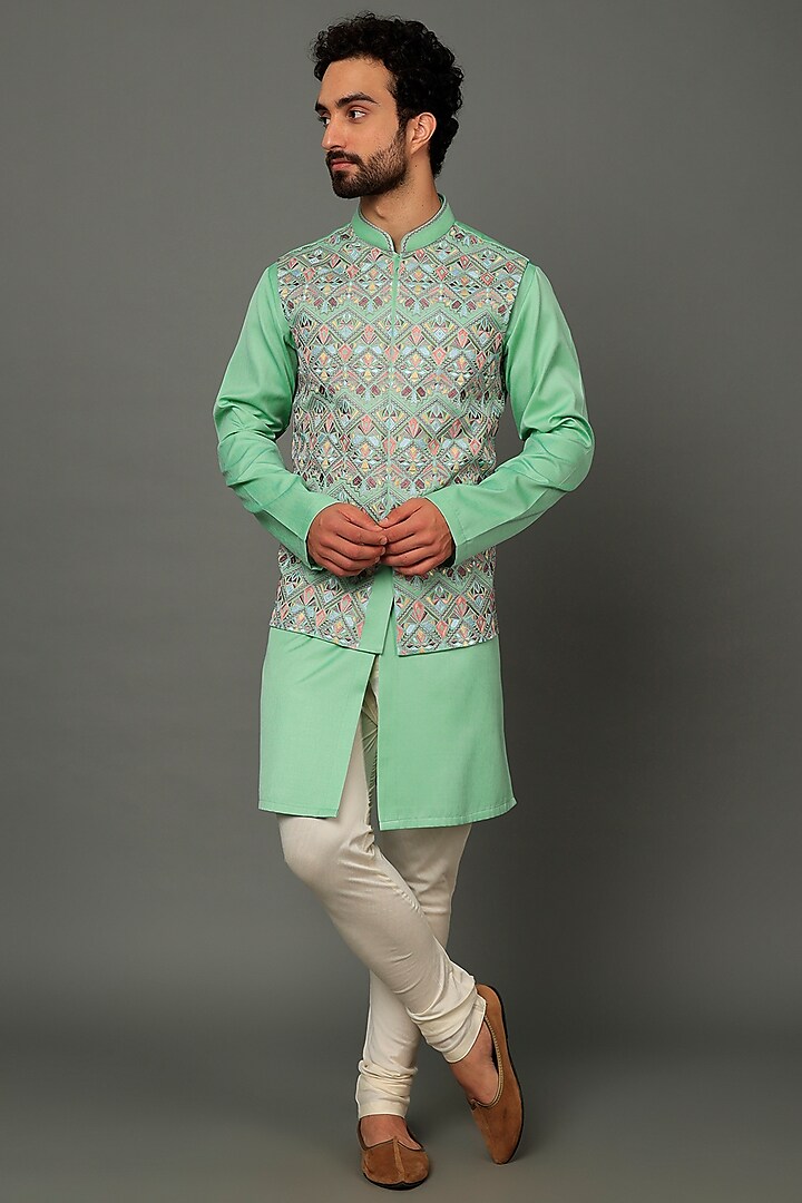 Mint Green Printed Bundi Jacket With Kurta Set by AVEGA