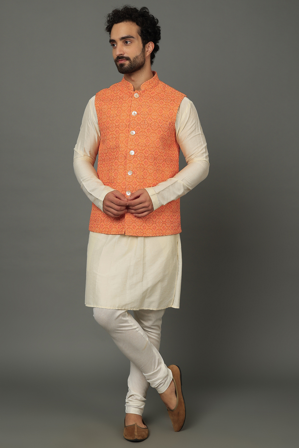 Orange Cotton Blend Embroidered & Digital Printed Bundi Jacket Set by AVEGA at Pernia's Pop Up Shop