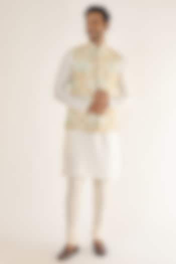Off-White Silk Embroidered Bundi Jacket Set by AVEGA