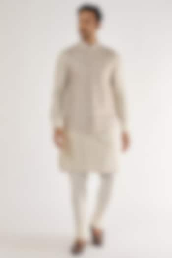 Beige Linen Embroidered Bundi Jacket Set by AVEGA