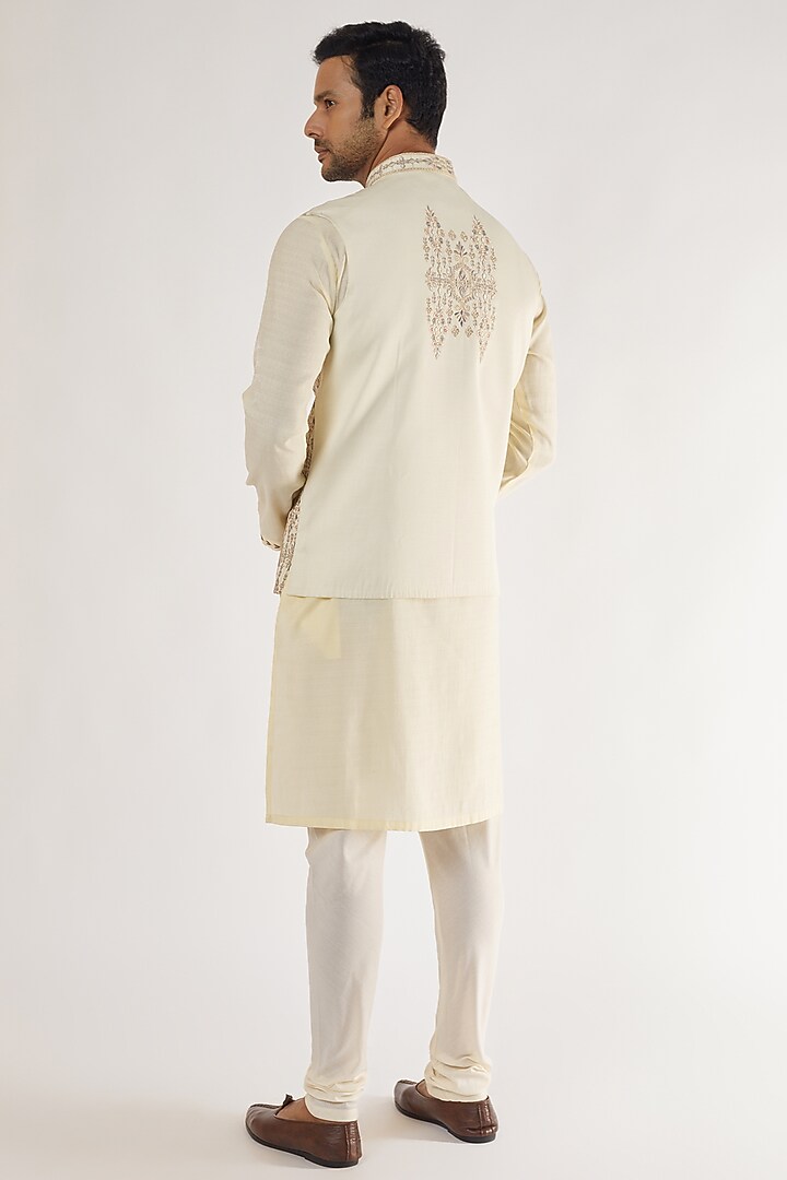 Cream Artificial Silk Embroidered Bundi Jacket Set by AVEGA at Pernia's Pop Up Shop