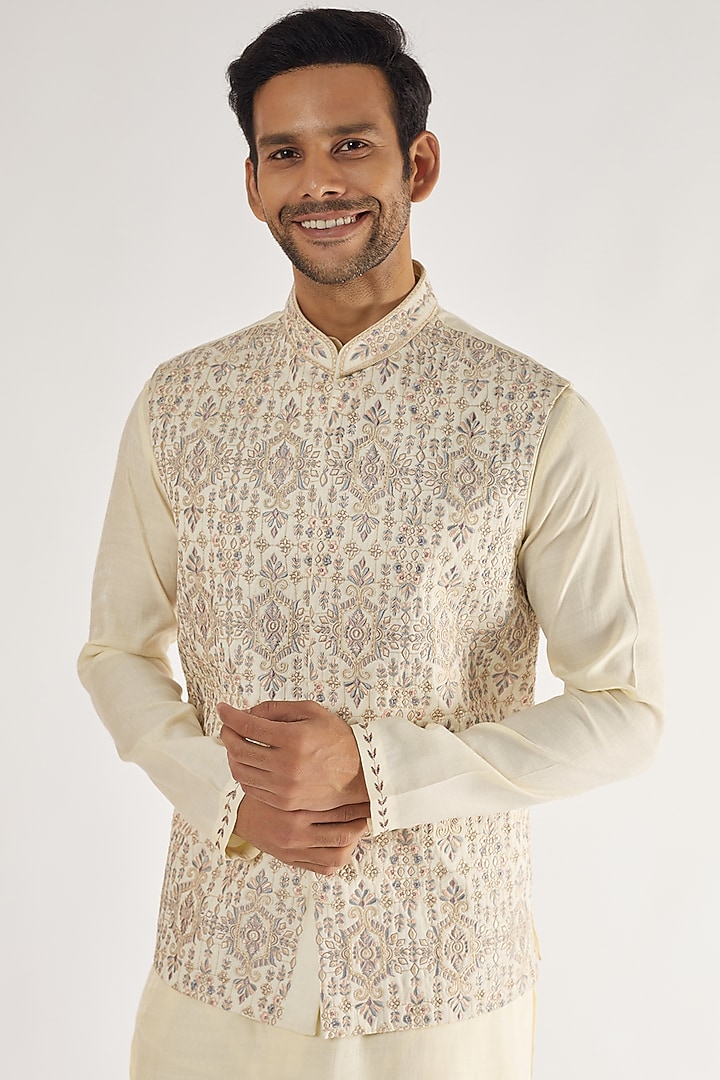 Cream Artificial Silk Embroidered Bundi Jacket Set by AVEGA at Pernia's Pop Up Shop