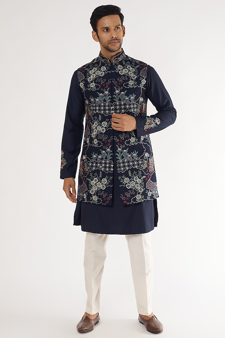 Navy Blue Fancy Fabric Embroidered Bundi Jacket Set by AVEGA at Pernia's Pop Up Shop