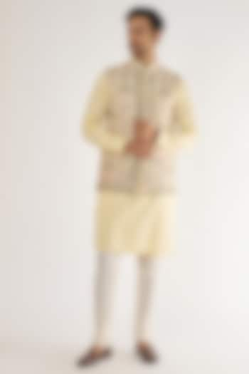 Light Yellow Artificial Silk Embroidered Bundi Jacket Set by AVEGA at Pernia's Pop Up Shop