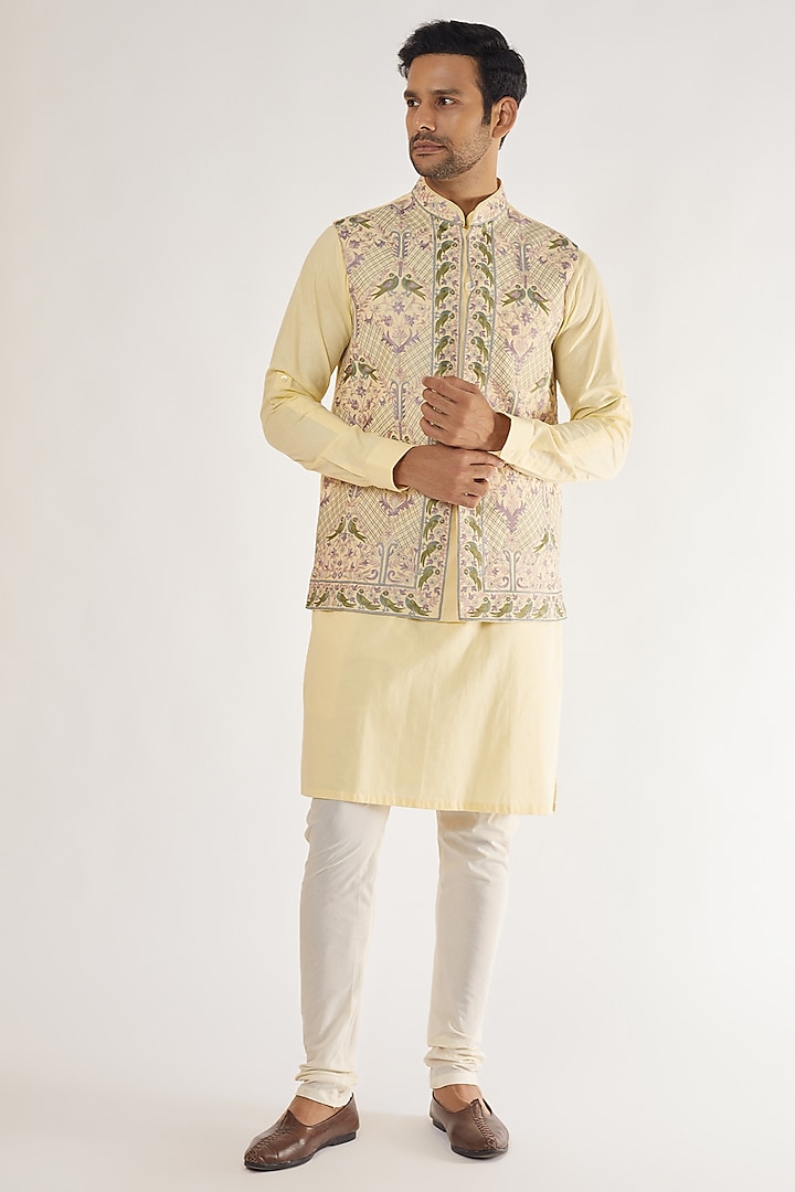 Light Yellow Artificial Silk Embroidered Bundi Jacket Set by AVEGA at Pernia's Pop Up Shop