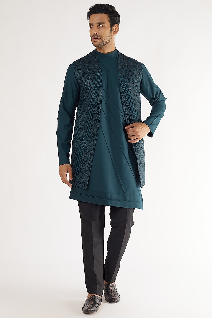 Teal Green Jacquard Embroidered Long Bundi Jacket Set by AVEGA at Pernia's Pop Up Shop