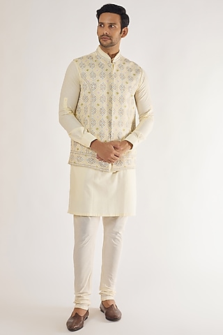 Cream Cotton Linen Embroidered Bundi Jacket Set by AVEGA
