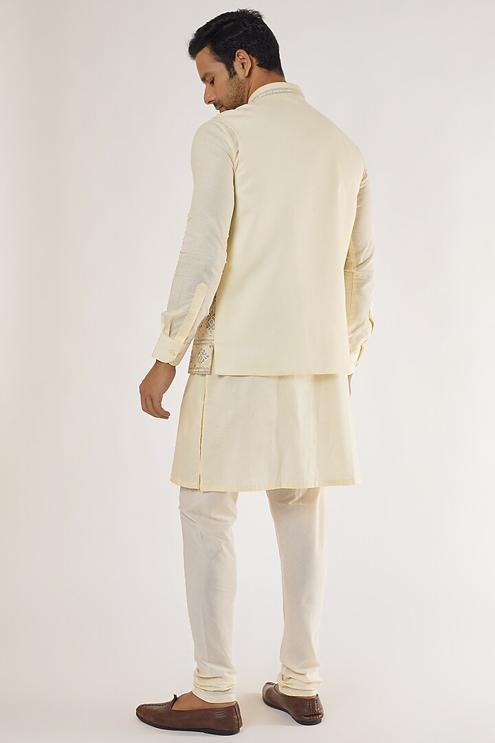 Cream Cotton Linen Embroidered Bundi Jacket Set by AVEGA at Pernia's Pop Up Shop