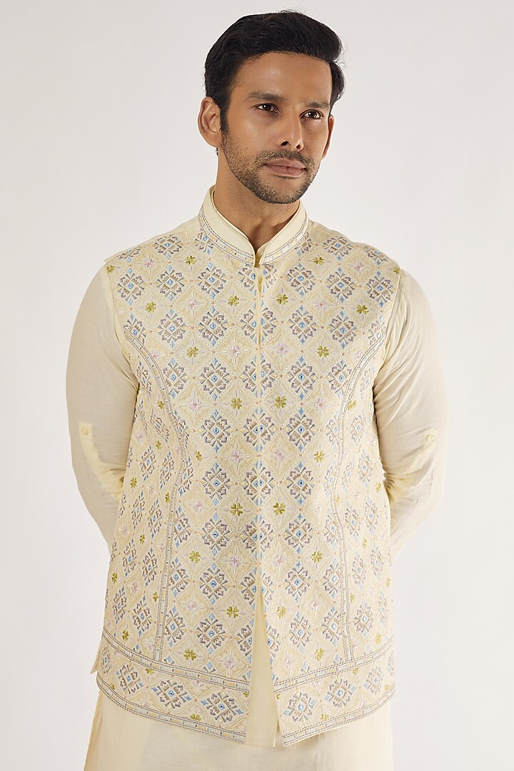 Cream Cotton Linen Embroidered Bundi Jacket Set by AVEGA at Pernia's Pop Up Shop