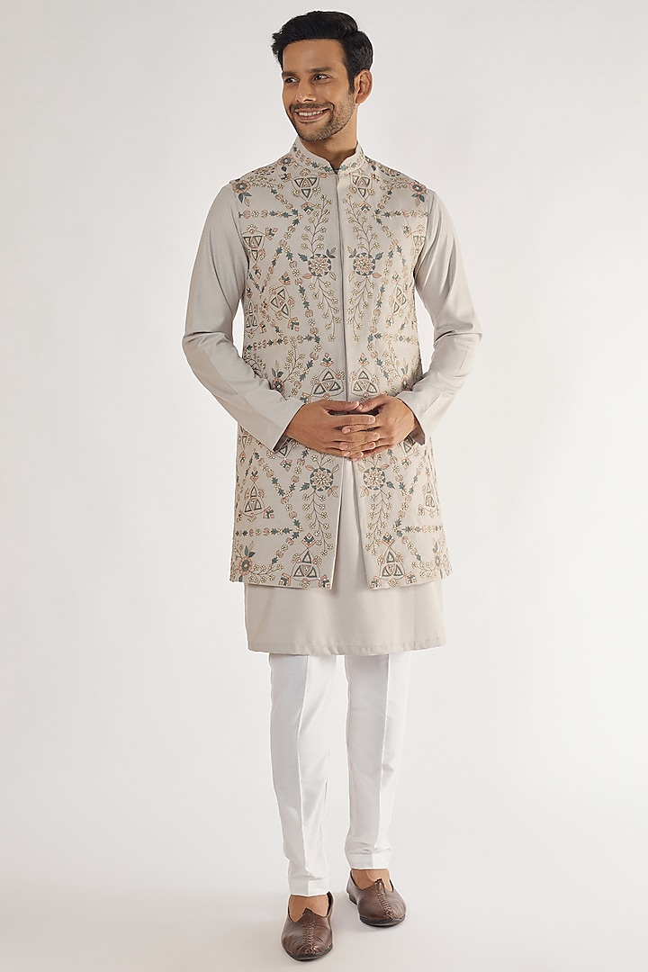 Light Grey Terry Rayon Embroidered Long Bundi Jacket Set by AVEGA at Pernia's Pop Up Shop