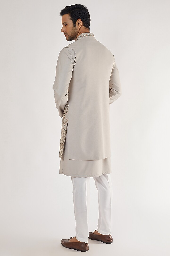 Light Grey Terry Rayon Embroidered Long Bundi Jacket Set by AVEGA at Pernia's Pop Up Shop