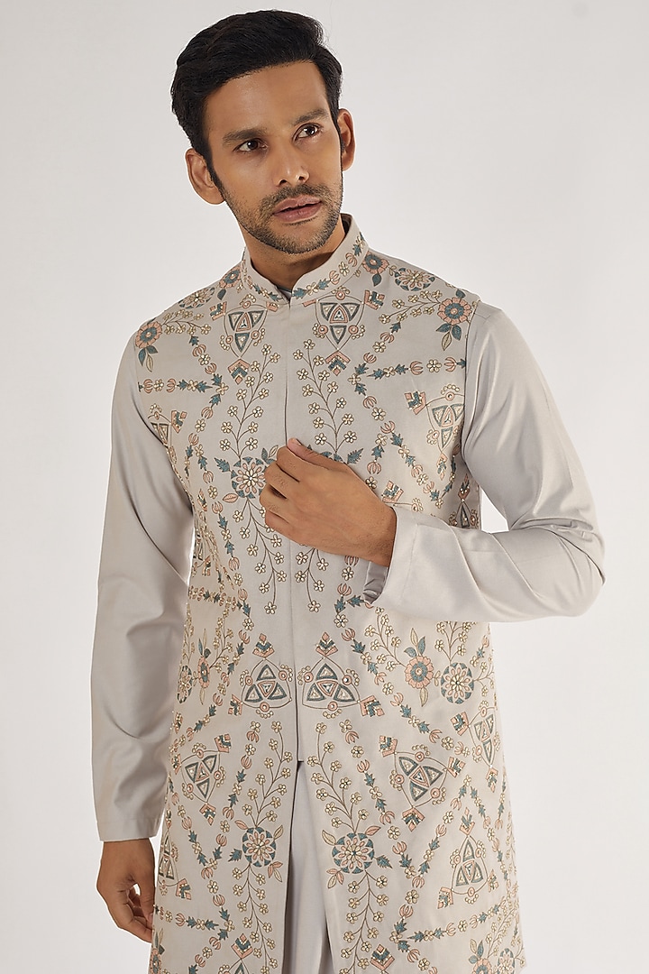 Light Grey Terry Rayon Embroidered Long Bundi Jacket Set by AVEGA at Pernia's Pop Up Shop