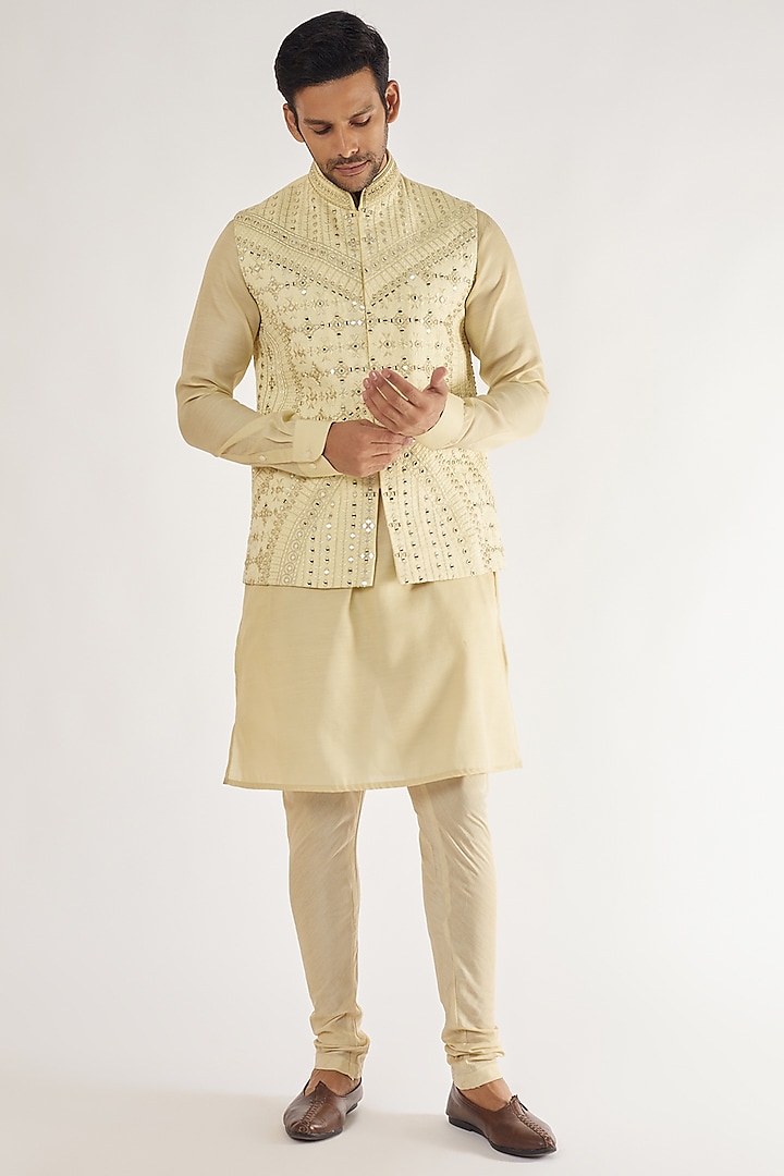 Ivory Artificial Silk Embroidered Bundi Jacket Set by AVEGA