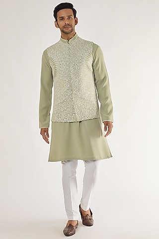 Light Pista Green Boomario Embroidered Bundi Jacket Set by AVEGA